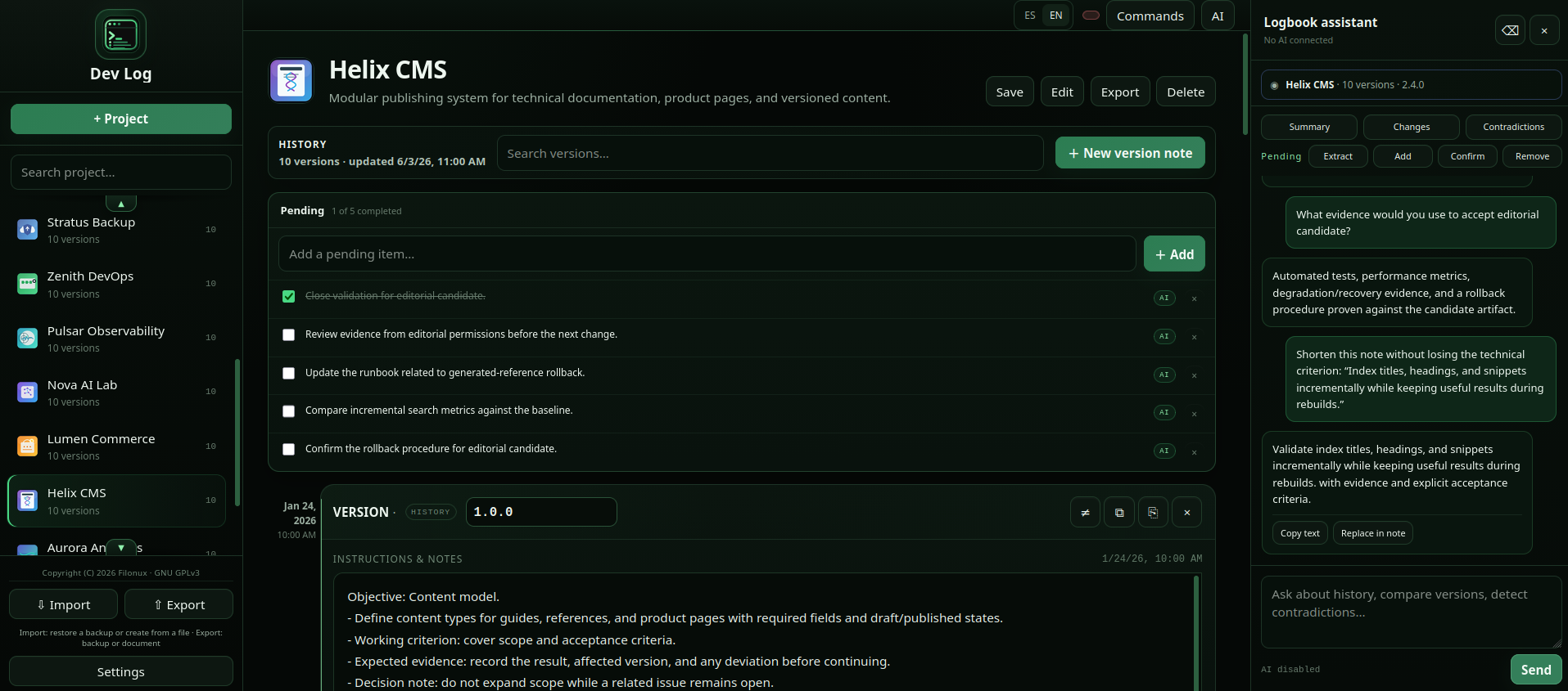 Bitácora Dev desktop view