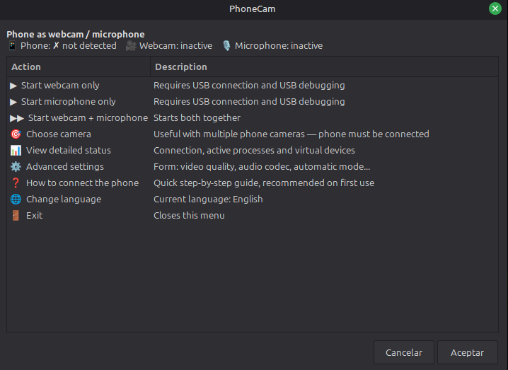 PhoneCam menu