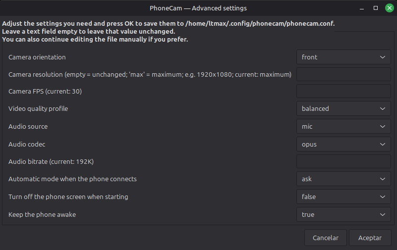 PhoneCam advanced settings