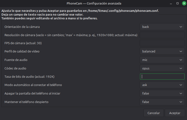 Configuración avanzada de PhoneCam