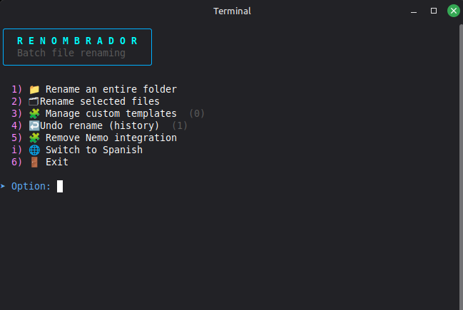 Renombrador main menu in English