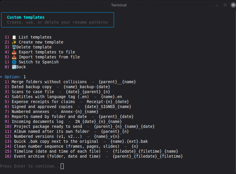 Renombrador custom templates menu with the 16 ready-made templates