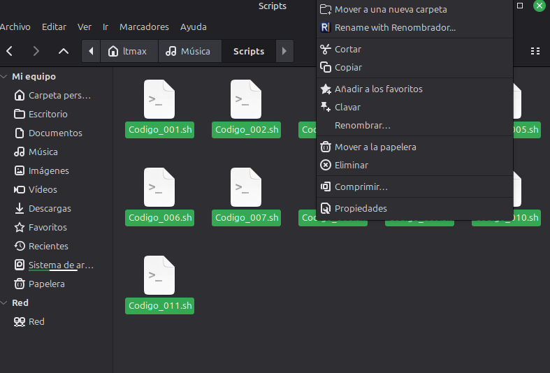 Rename with Renombrador action in Nemo's right-click menu
